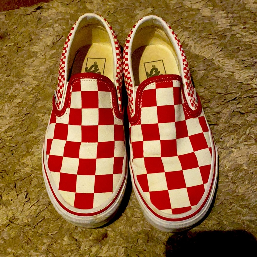 Red checkered slip on vans